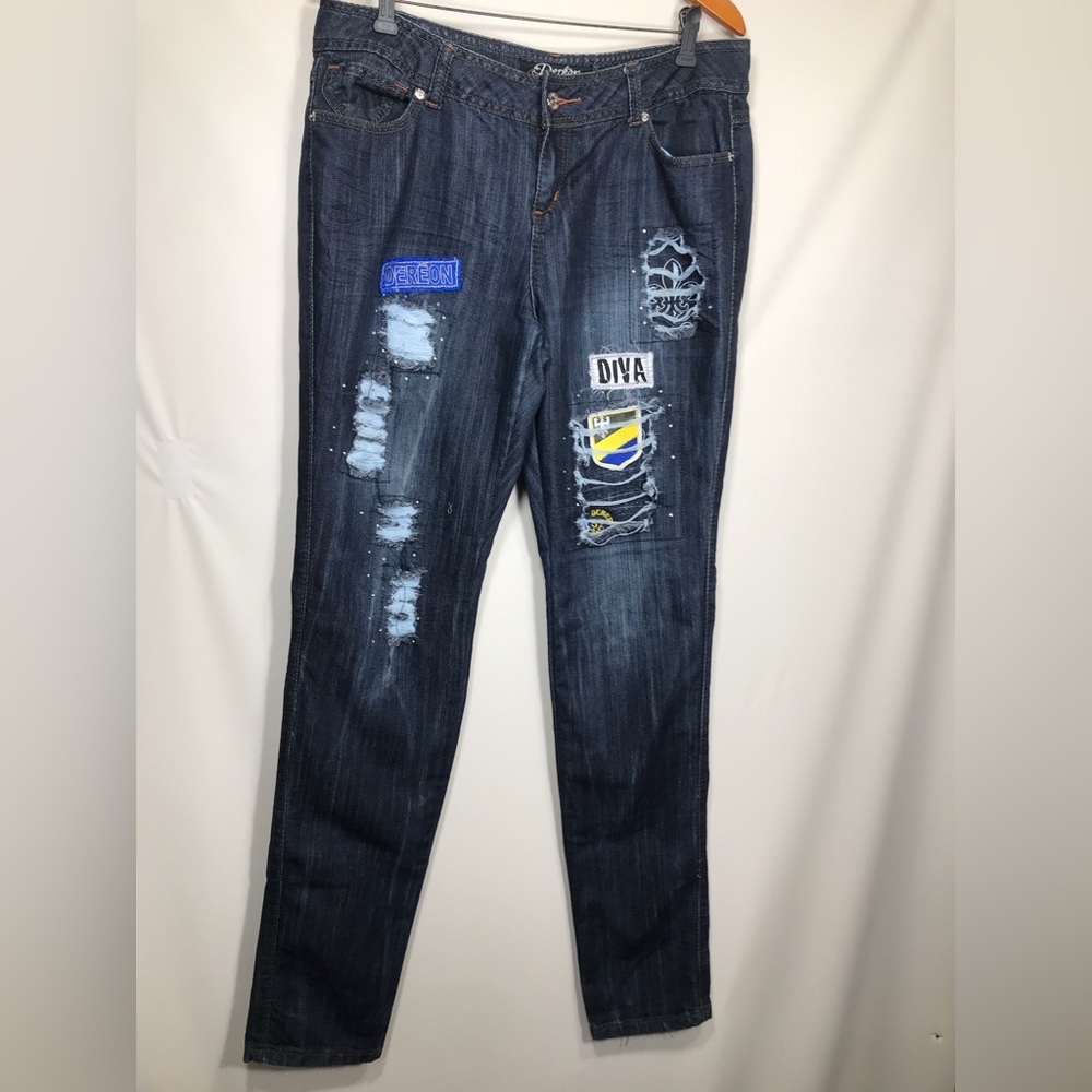 Dereon Women Apparel Blue Distressed Demin Jeans Straight Leg Patches Size 16w
